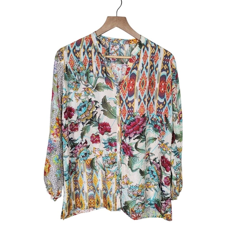 Johnny Was Womens Boho Silk Blouse Size S Floral Patchwork Peasant Art To Wear